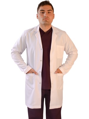 Vayvaylı Gömlek Yaka Orta Boy Beyaz Erkek Doktor Öğretmen Laboratuvar Önlüğü