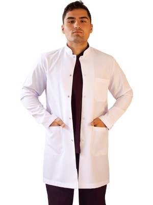 Vayvaylı Hakim Yaka Orta Boy Beyaz Erkek Doktor Öğretmen Laboratuvar Önlüğü