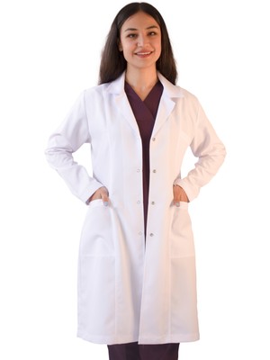 Vayvaylı Gömlek Yaka Uzun Boy Beyaz Kadın Doktor Öğretmen Laboratuvar Önlüğü