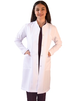 Vayvaylı Hakim Yaka Uzun Boy Beyaz Kadın Doktor Öğretmen Laboratuvar Önlüğü