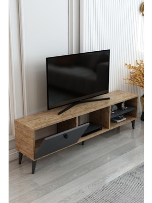 İzco Design Milano Tv Ünitesi 150 cm Genişlik Meşe Antrasit Tek Kapaklı Tv Sehpası