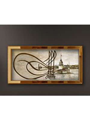DB Sanat Tuğralı Kız Kulesi ve Istanbul Aynalı Çerçeveli Duvar Sanatı Kanvas Tablo 70 x 130 cm