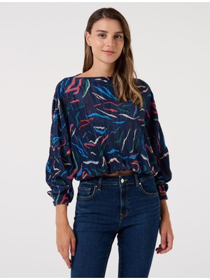 Jimmy Key Kadın Lacivert Bol Kesim Kayık Yaka Desenli Örme Bluz