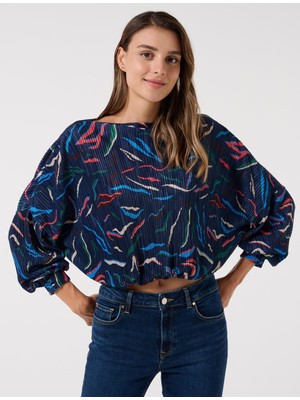 Jimmy Key Kadın Lacivert Bol Kesim Kayık Yaka Desenli Örme Bluz
