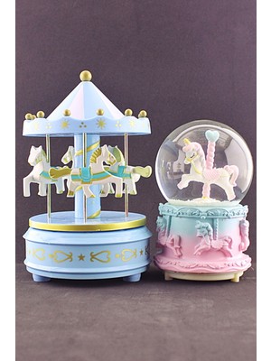 Home Dekor Hediye Sevgiliye Hediye Unicorn Kar Küresi Işıklı Müzikli 12 cm ve Mavi Atlıkarınca Set