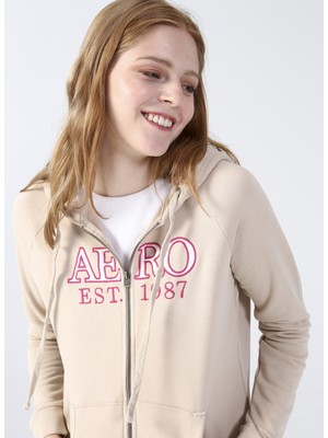 Aeropostale Kapüşon Yaka Baskılı Bej Kadın Sweatshirt K-3009