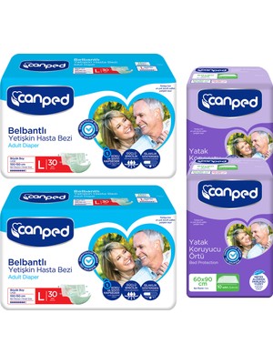 Canped Belbantlı Yetişkin Hasta Bezi L (100-150) 30'lu 2 Paket 60 Adet + Yatak Koruyucu