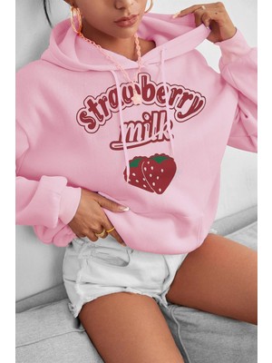 Millionaire Kadın Pembe Çilek Baskılı 3 Iplik Şardonlu Kapüşonlu Kanguru Cepli Oversize Salaş Hoodie Sweatshirt