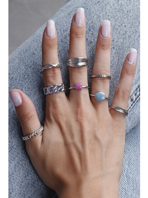 Ervalina Aksesuar 8'li Mine Taşlı Yüzük ve Eklem Yüzük Set ERV5902411