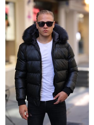 Famoda Erkek Kürk Kapüsonlu Şişme Parlak Deri Mont