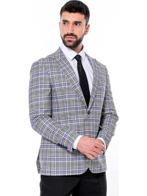 Wessi Siyah Mavi Ekose Desenli Slim Fit Ceket