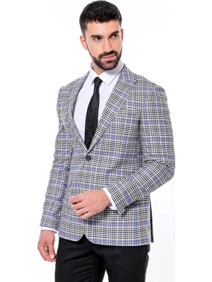 Wessi Siyah Mavi Ekose Desenli Slim Fit Ceket