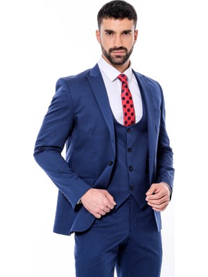 Lacivert Sivri Yaka Slim Fit Yelekli Takım Elbise