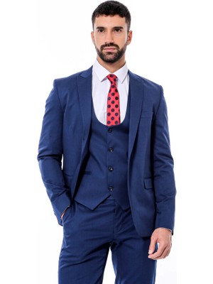 Lacivert Sivri Yaka Slim Fit Yelekli Takım Elbise