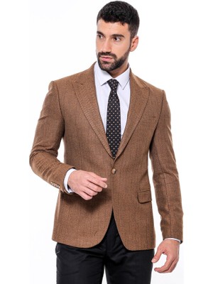 Kendinden Desenli Açık Taba Slim Fit Ceket