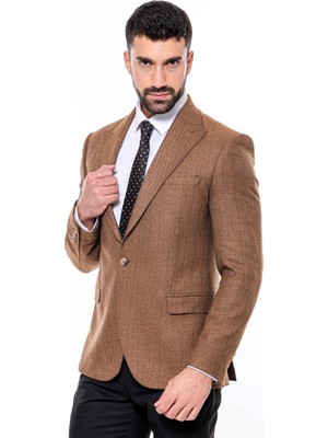 Kendinden Desenli Açık Taba Slim Fit Ceket