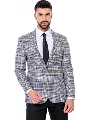 Wessi Siyah Mavi Ekose Desenli Slim Fit Ceket