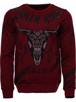 Wessi Bordo Taşlı Baskılı Bsiklet Yaka Sweatshirt