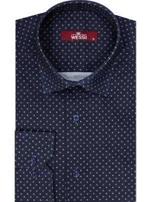 Lacivert Desenli Slim Fit Gömlek