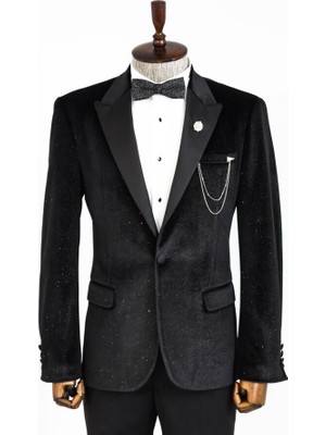 Siyah Sivri Yaka Simli Slimfit Damatlık Ceket