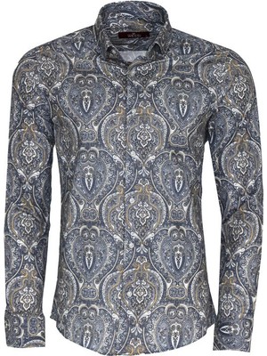 Damask Desenli Mavi Slim Fit Gömlek