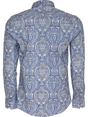 Mavi Damask Desenli Slim Fit Gömlek