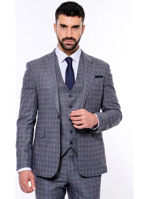 Wessi Ekose Desenli Yelekli Slim Fit Lacivert Takım Elbise