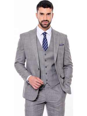 Wessi Kendinden Desenli Yelekli Slim Fit Gri Takım Elbise