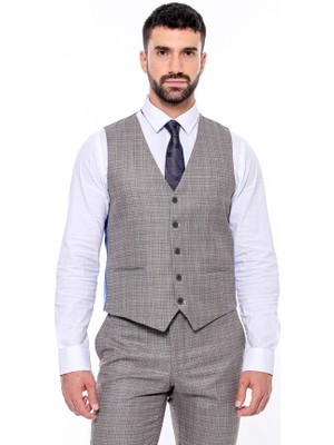 Wessi Ekose Desenli Yelekli Slim Fit Kahverengi Takım Elbise