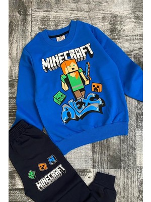 Riccotarz Erkek Çocuk Minecraft Baskılı Beli Ip Detaylı Mavi Eşofman Takım