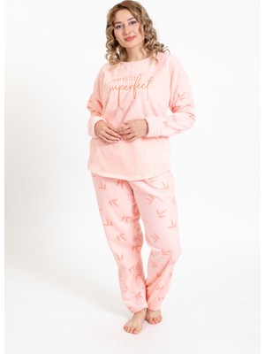 Pemilo Kadın 4123-1  Desenli Polar Pijama Takımı Somon