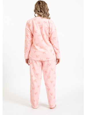 Pemilo Kadın 4123-1  Desenli Polar Pijama Takımı Somon