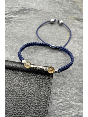 FRNCH Sitrin Doğal Taşlı Lacivert Renkli Ayarlanabilir Makrome Erkek Bileklik