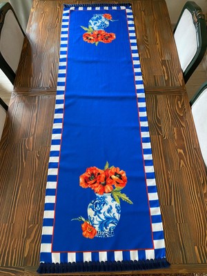 Lilies Atelier Lacivert Çini Vazo Desen 45X150 Runner I Bleu Blanc Dekor I Luxury Dekor I Leke Tutmaz Örtü