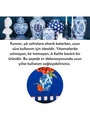 Lilies Atelier Lacivert Çini Vazo Desen 45X150 Runner I Bleu Blanc Dekor I Luxury Dekor I Leke Tutmaz Örtü