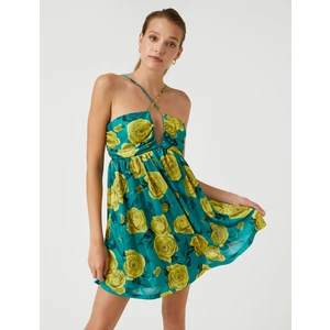 Çiçekli Mini Elbise Boyundan Bağlamalı