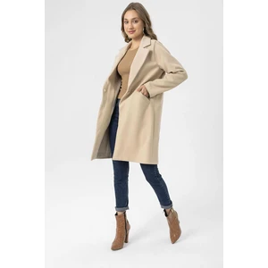 Kadın Düğme Kapamalı Cep Detaylı Oversize Kaşe Kaban