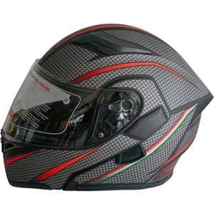 Jk-21 902 Model Güneş Vizörlü Çenededen Açılır Kask - Gri/kırmızı Karbon Desenli - L