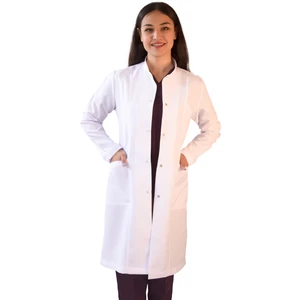 Hakim Yaka Uzun Boy Beyaz Kadın Doktor Öğretmen Laboratuvar Önlüğü