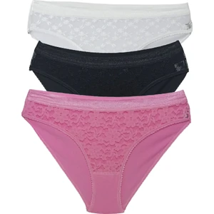 3'lü Dantelli Kadın Slip Külot Pembe - Siyah - Beyaz