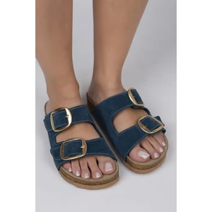 Irene Kadın  Deri Çift Tokalı Petrol - Gold Terlik