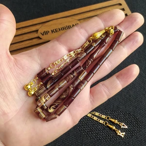 Vip Kehribar 5,5X10 mm Kesme Ateşi Kehribar Tesbih Isme Özel Kişiselleştirilebilir Ahşap Kutulu Tespih