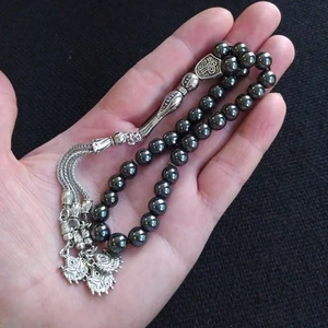 Vip Kehribar 8 mm Bilekboy Hematit Doğaltaş Tesbih 3 Dallı Osmanlı Püsküllü Ahşap Kutulu Tespih