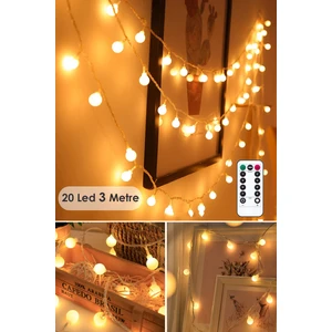 20 Ledli  Kumandalı 8 Modlu Dekoratif Top LED Yılbaşı Süsü Ağaç Süsleme Parti Organizasyon Sarı Işık Pilli