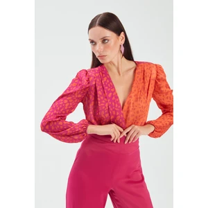 Kruvaze Desenli Bodysuit - Oranj-Fuşya