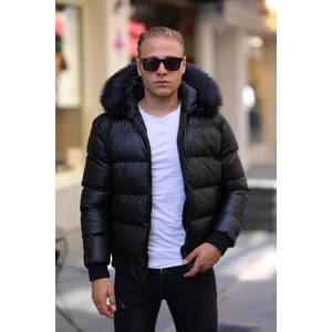 Erkek Kürk Kapüsonlu Şişme Parlak Deri Mont