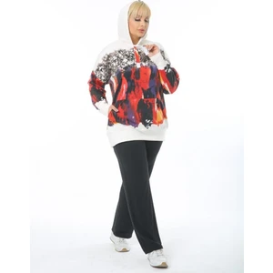 Kadın Beyaz Büyük Beden Beyaz Kırmızı Fırça  Kanguru Cep Kapşonlu Esnek Scuba Sweatshirt