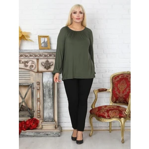 Kadın Büyük Beden Yeşil Madonna Yaka Balon Kol Esnek Viskon Bluz