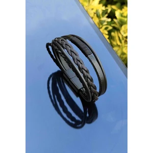 Trend Collection Deri Bileklik Hasır Örgü 5'li Sıra Siyah Erkek Deri Bileklik