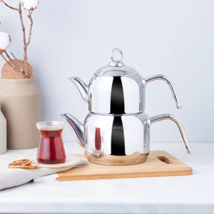 Mini Çaydanlık Seti 0,8+1,2 L Paslanmaz Çelik İndüksiyon Tabanlı Gri Renk Bulaşık Makinesinde Yıkanabilir